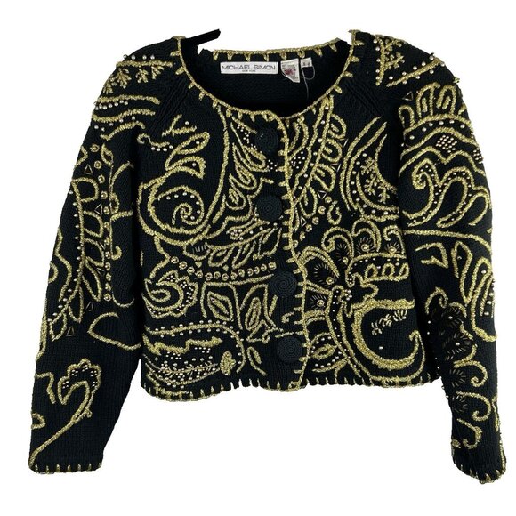 VTG Michael Simon Black Gold Regencycore Beaded Embroidered Cardigan Sweater  S - Picture 2 of 10